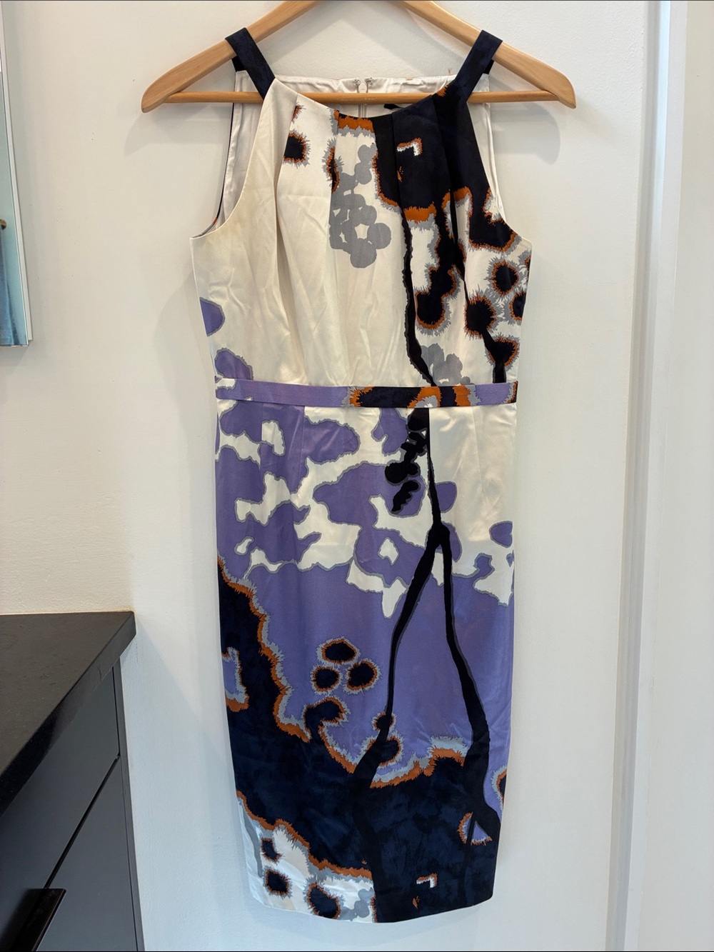 Elie Tahari Lavender, Ivory and Navy Abstract-Print Midi Dress
